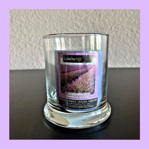 NWT. Glass Candle Holder with Lavender Scented Pillar Candle. - Picture 1 of 4